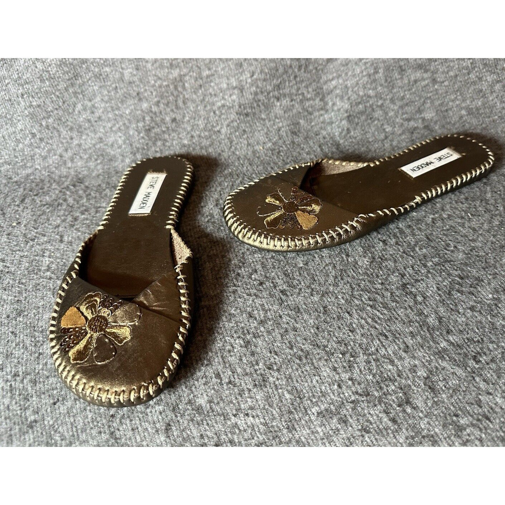 Steve Madden Flat Sandals Womens 6 Brown Metallic Floral Embroidered Boho Fairy